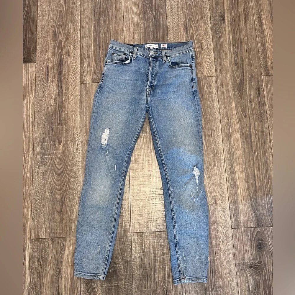 Re/Done Hi Rise Ankle Crop Stretch Distressed Straight Jeans Size 27 90s Wash - Picture 2 of 8